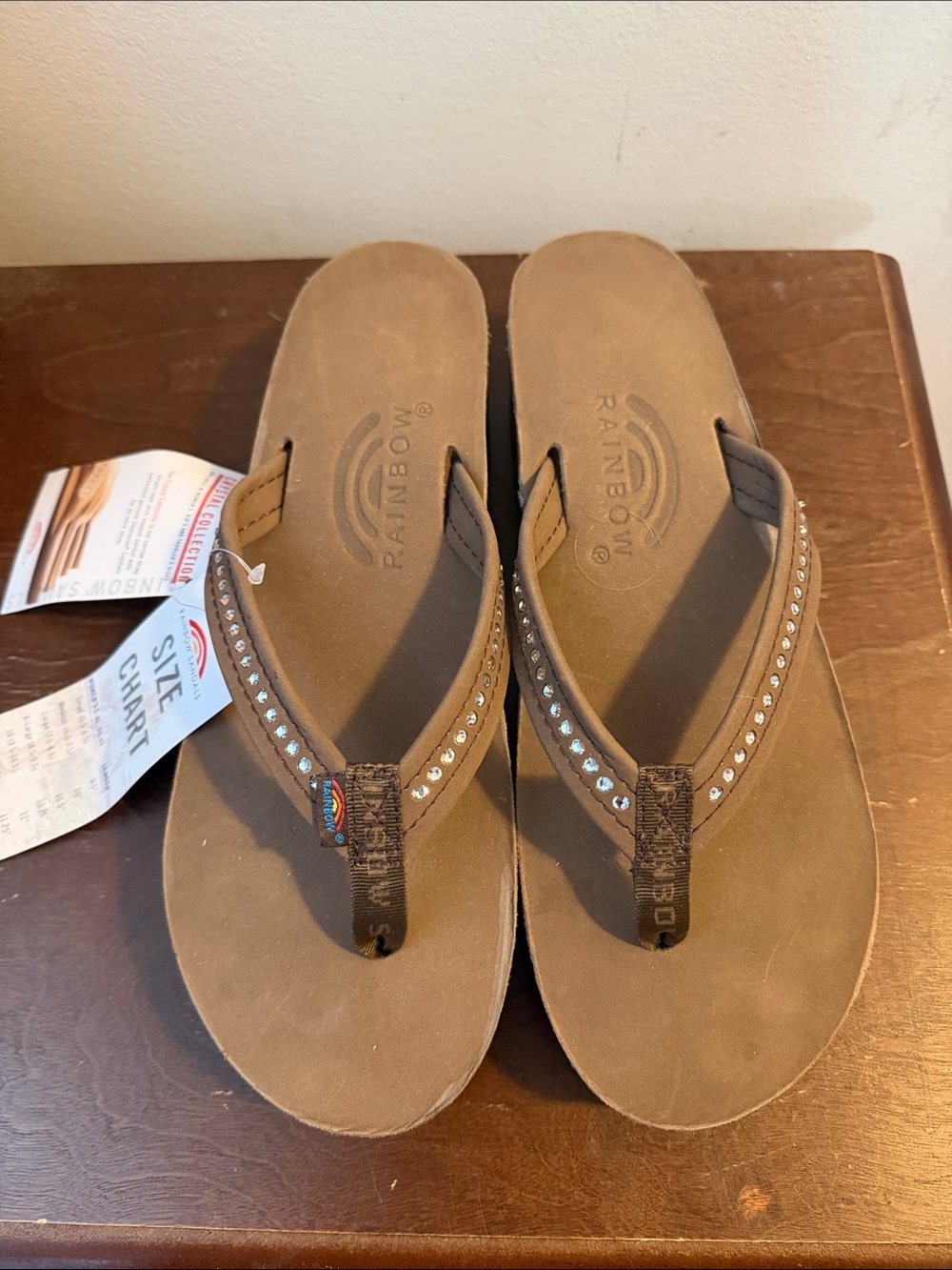 Rainbow Brown Rhinestone-Trim Flip Flop Sandals